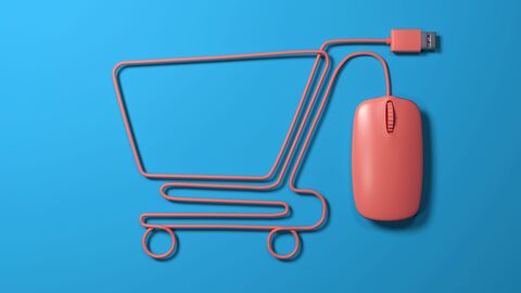 Bild einer Computermaus mit Kabel. Das Kabel ist in Form eines Einkaufswagens gelegt.