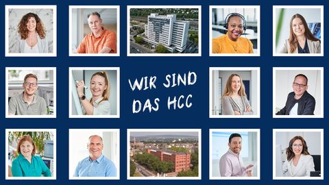 Eine Collage mit Bildern von Menschen. In der Mitte der Schiftzug "Wir sind das HCC". Eine Collage mit Bildern von Menschen. In der Mitte der Schiftzug "Wir sind das HCC".