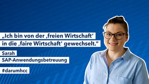 Profilbild Sarah Lorenz mit Schriftzug "Ich bin von der "freien Wirtschaft" in die "faire Wirtschaft" gewechselt." Profilbild Sarah Lorenz mit Schriftzug "Ich bin von der "freien Wirtschaft" in die "faire Wirtschaft" gewechselt."