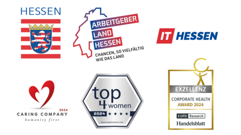 Das Hessen-Logo, das Logo "Arbeitgeber Hessen" und "IT Hessen" sowie "Caring Company", "top4women" und das Exzellenzsiegel des Corporate Health Awards 2024. Von links oben nach rechts unten: Von links oben nach rechts unten: Das Hessen-Logo, das Logo "Arbeitgeber Hessen" und "IT Hessen" sowie "Caring Company", "top4women" und das Exzellenzsiegel des Corporate Health Awards 2024.